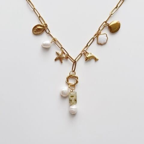 Prehnit Pearl Steel Necklace | Çelik Kolye