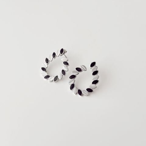 Black Leaf Grey Steel Earring | Çelik Küpe